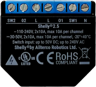 Shelly 2.5, spínací modul 2x 10A, WiFi 2,4GHz s meraním spotreby