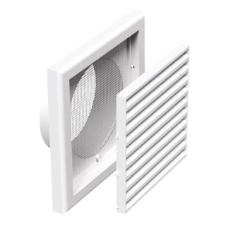 Plastová vetracia mriežka so sieťkou, pevnou žalúziou 154x154 mm a prírubou Ø 100 mm, biela