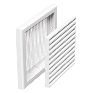 Plastová vetracia mriežka bez príruby s pevnou žalúziou a sieťkou 154x154 mm, biela